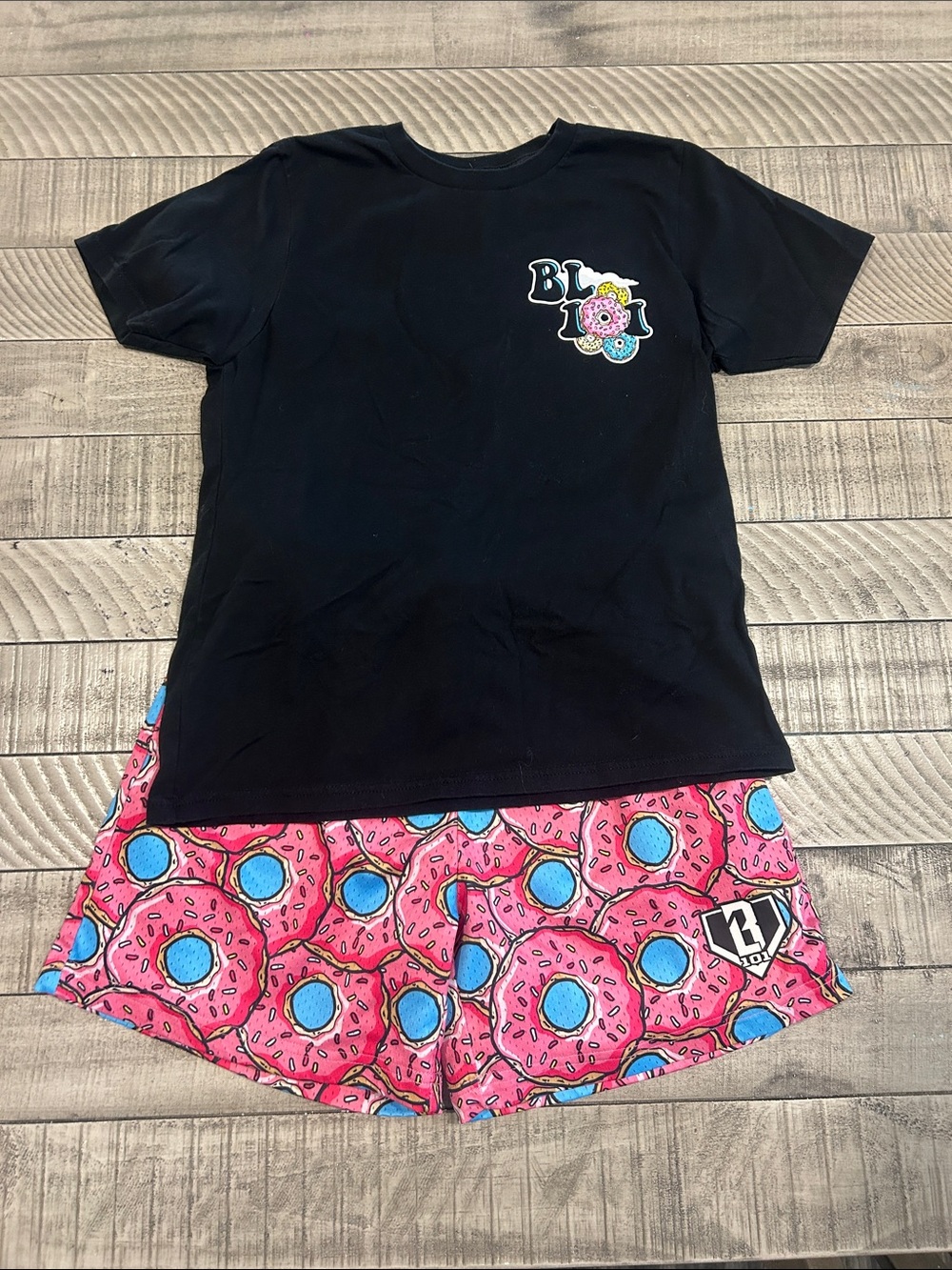 Black Tee & Pink Donut-Print Kids Pajama Set
